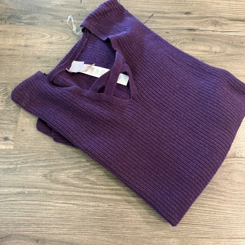 Chicos Purple Ribbed Knit Metallic Shimmer Crisscross V-Neck Poncho Sweater S/M‎